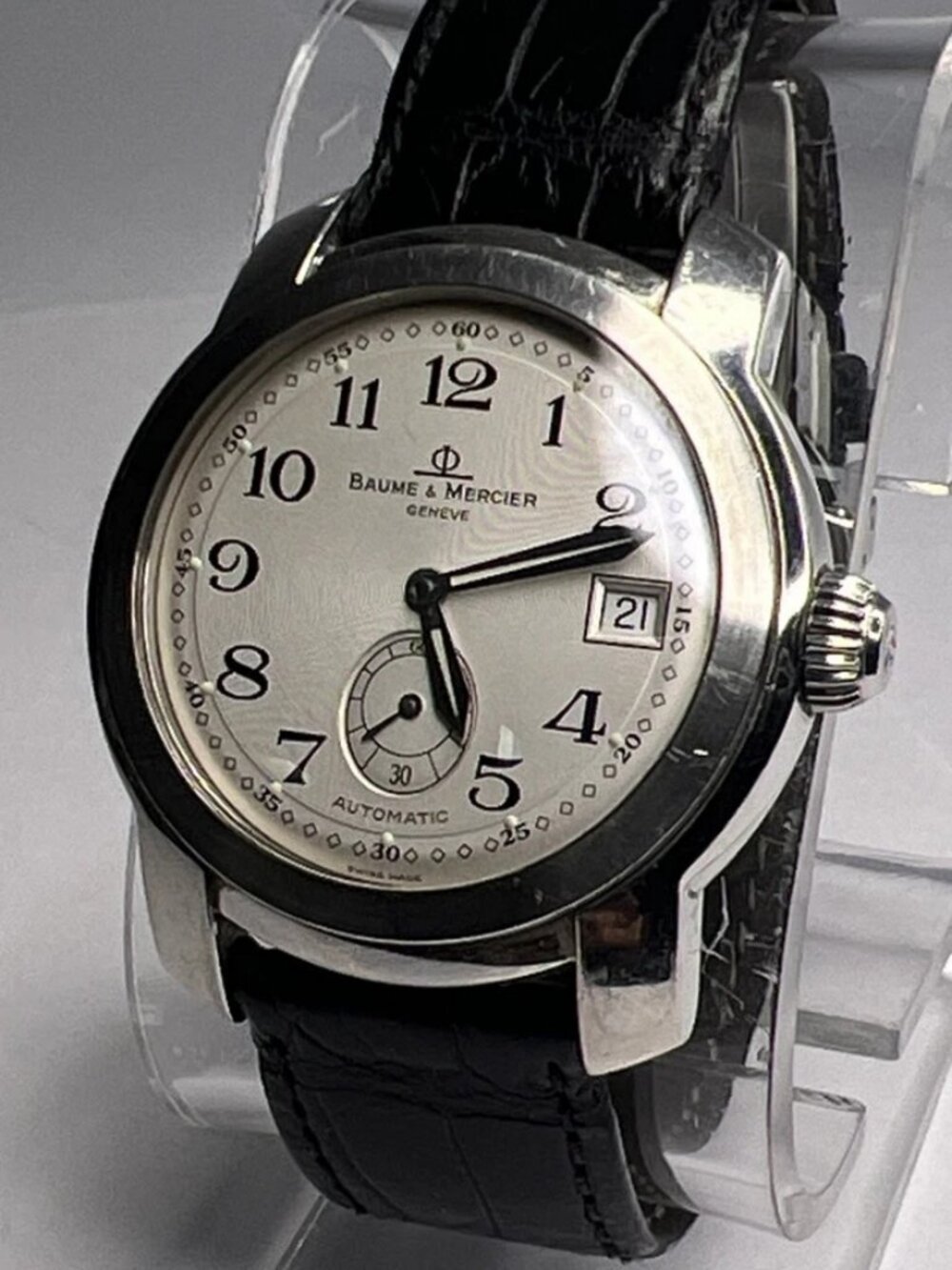 Baume & Mercier 39mm Steel Capeland Automatic Date Watch Silver Off White Dial